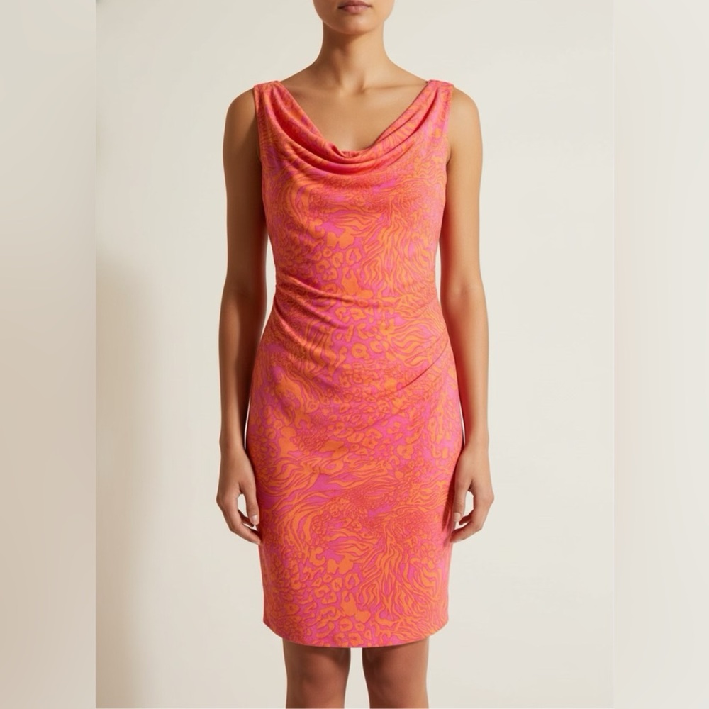 Larry Levine Dress Women's S Pink Orange Cocktail Stretch Ruched Chittah Pattern